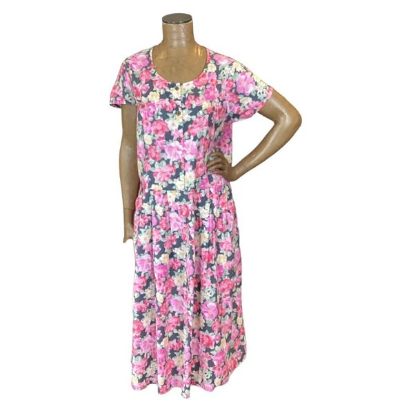 VTG Chandni Shift/Shirt Midi Dress Sz L 100% Cotton Pink Floral Pockets 262F - Picture 1 of 7